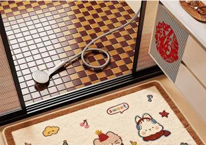 Detail view of fluffy absorbent bath mat featuring cute cartoon animal print and soft touch.