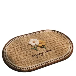 Ovale gewebte Fußmatte mit 3D bestickten Blumen und Text, rutschfester Teppich für Zuhause.