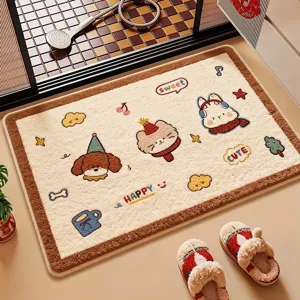 Cartoon Animal Print Faux Cashmere Bath Mat Absorbent Non-Slip Door Mat Cute Pet Living Room Bedroom Floor Carpet