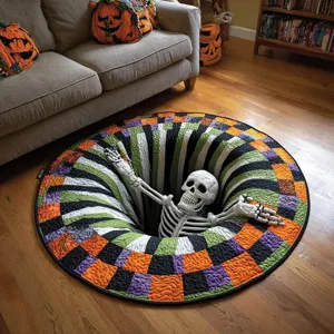 Tapis Rond Illusion Optique 3D Halloween en Velours de Cristal Antidérapant Tapis Vortex Squelette Fantôme Décoration pour Salon Fête