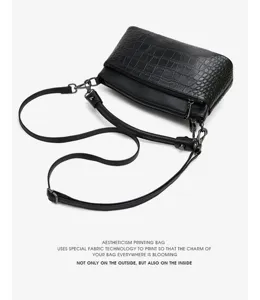 Black genuine leather crocodile pattern crossbody shoulder bag detailed view with zippers.