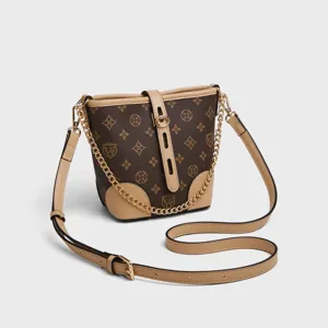Stylish brown monogram bucket bag with chic chain strap and leather trim for daily use.