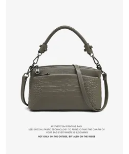 Close-up detail of genuine leather crocodile embossed multi-compartment shoulder handbag.