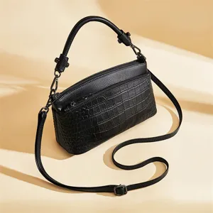 Black leather shoulder bag for women, multi-compartment commuter crossbody bag with handle.