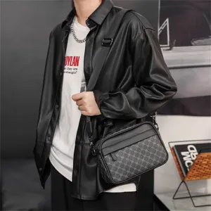 Men's Monogram Crossbody Bag Casual Leather Shoulder Bag Stylish Messenger Bag Black