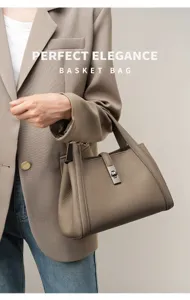 Elegant leather basket bag for women, premium top layer cowhide handbag with lock.