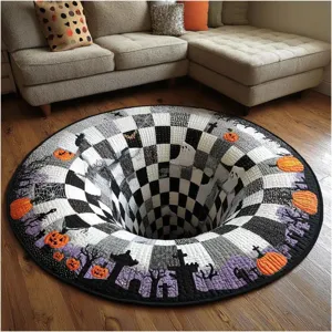 Magnifique tapis rond Halloween illusion optique 3D, tapis vortex noir et blanc pour salon.