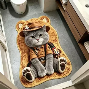 Vue détaillée du joli tapis de bain en peluche chat explorateur, très absorbant.