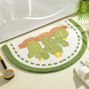 Soft half-round cactus print bathroom floor mat anti-slip absorbent cute home decor rug