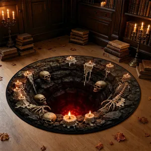 Tapis rond illusion 3D Halloween crâne squelette effrayant tapis velours cristal.