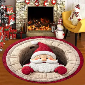 Weihnachten 3D runder Teppich, Weihnachtsmann Kamin Design, weiche Kristall Samt Fußmatte neu.