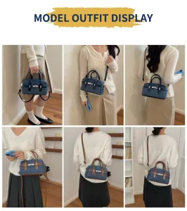 Model wearing detail of stylish denim bowling shoulder bag, showing versatile carrying ways.