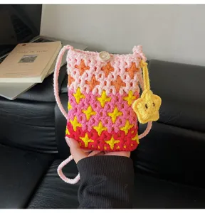 Korean style knitted crossbody phone bag, gradient color star pattern, cute mini coin purse.