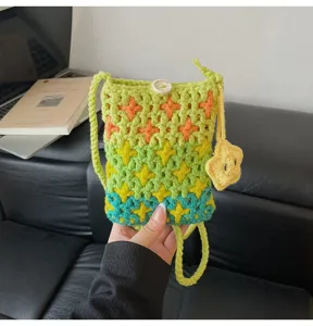 Korean style knitted crossbody phone bag, colorful crochet mini purse, casual daily use.