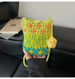 Korean style knitted mini crossbody phone bag, colorful star pattern cute women coin purse.