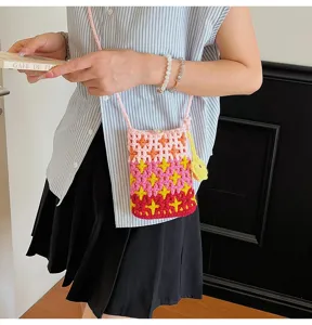 Trendy knitted cross-body phone bag featuring vibrant gradient design for women daily use.