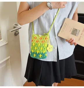 Korean style knit crossbody phone bag, casual cute woven mini purse with star pattern.