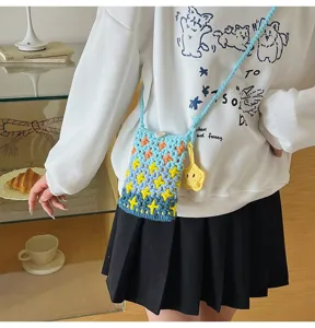 Korean style cute knitted crossbody phone bag, stylish blue gradient star pattern mini purse.