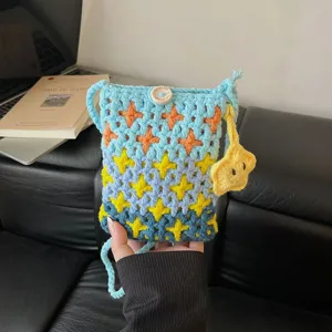 Korean style knitted crossbody phone bag, cute star pattern coin purse for women daily use.