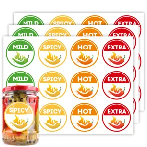 Spicy Food Warning Indicator Stickers Coated Paper Adhesive Labels For Restaurant Food Packaging Red Chili Pattern Round Design
