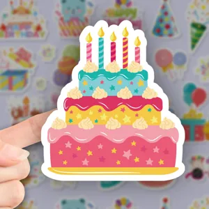 Cartoon multi-layer birthday cake shaped sticker, vibrant colors, perfect for party decor.