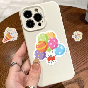 Detailed shot of a colorful cartoon balloon sticker displayed on a sleek white phone case.