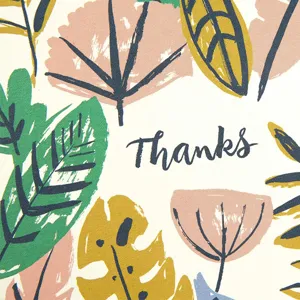 Botanical thank you card detail view, showing hand-painted floral leaf illustration and greeting text.
