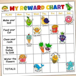 Detail view of cute kids English reward chart set with colorful cartoon animal food stickers.