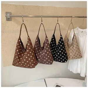 Casual polka dot suede shoulder bag for women, large capacity daily tote and handbag.