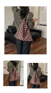 Casual polka dot suede shoulder bag for women, large capacity commuter tote bag daily use.