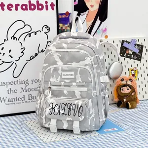 Grey camo backpack for women, large capacity student school bag, casual travel daypack.