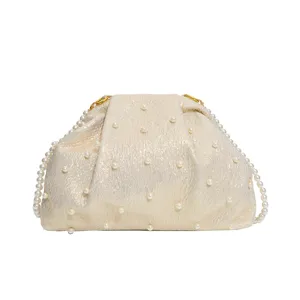 Women fashion pearl clutch bag elegant evening shoulder crossbody handbag sparkling gold