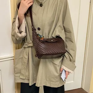 Women Woven Underarm Dumpling Bag Luxury PU Leather Shoulder Crossbody Bag Retro Braided Purse With Charm Daily Commute Bag
