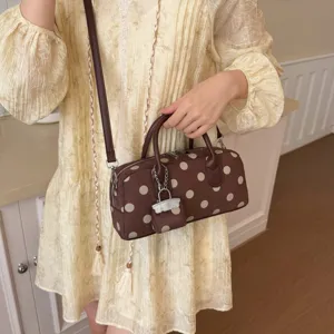 Vintage Polka Dot Handbag For Women PU Leather Stitching Detail Top Handle Bag Casual Crossbody Shoulder Bag With Mini Pouch Pendant