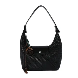 Black woven shoulder bag for women, classic dumpling bag design with flap and chic charm.