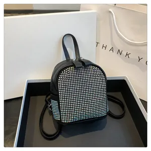 Mini zaino con strass da donna, zainetto casual in cristallo scintillante, pelle PU nera.