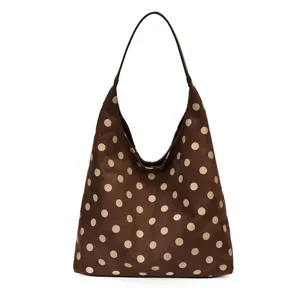 Brown suede polka dot hobo shoulder bag for women, large capacity daily casual commute tote bag.