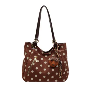 Damen Braune Pünktchen Samt Tote Bag Große Kapazität Schultertasche Herbst Neu Stil