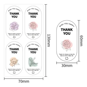 Etiquetas adhesivas ovaladas de agradecimiento con arte floral y detalles de dimensiones