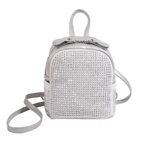 Zaino donna mini strass moda grigio pelle brillante zainetto casual da giorno elegante.