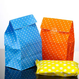 Bolsas de papel con lunares coloridos y pegatinas de sellado transparentes de regalo.