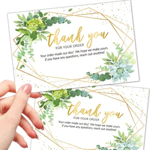Green Plant Thank You Cards With Gold Geometric Border Blank Business Greeting Cards For Coated Paper Order Packaging