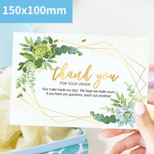 Green plant thank you card with gold geometric frame, 150x100mm order appreciation stationery.
