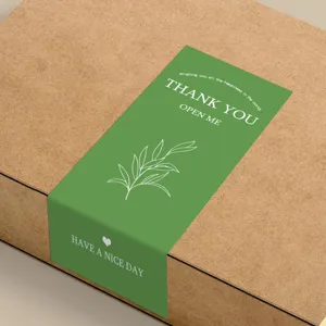 Green thank you sealing sticker for gift box packaging, decorative rectangular unboxing sticker.