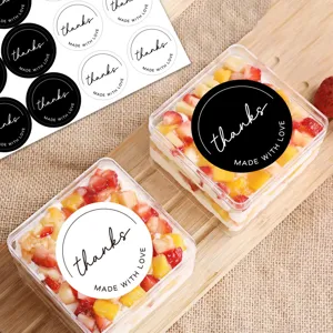 Round black and white thank you stickers ideal for baking packaging and gift box sealing.