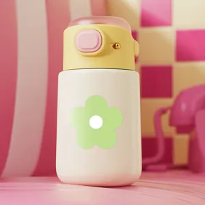 Cute pink insulated water bottle with green flower pattern portable mini thermos flask.
