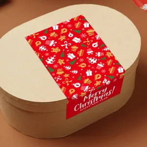 Christmas sticker detail view, featuring festive red design with holiday trees and greetings.