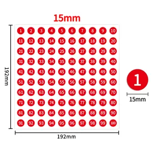 Red round number stickers 1 to 100 with 15mm diameter, 192mm sheet size for storage sorting.