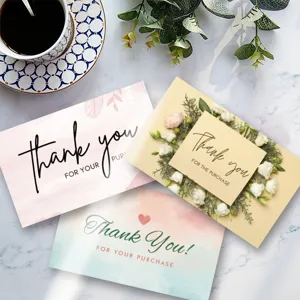 Close up detail view of floral thank you cards flat lay with coffee cup on marble table.