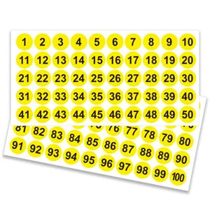 10 hojas pegatinas de números redondas amarillas etiquetas 1 a 100 para oficina
